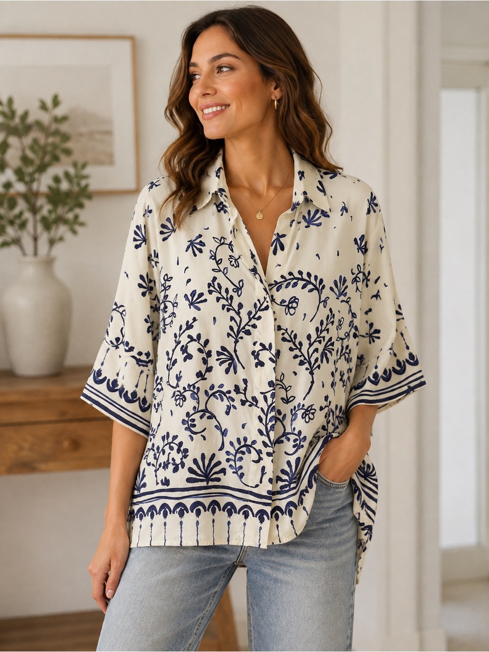 Zara Cream & Navy Botanical Print Blouse XL Relaxed Flowy Boho Top